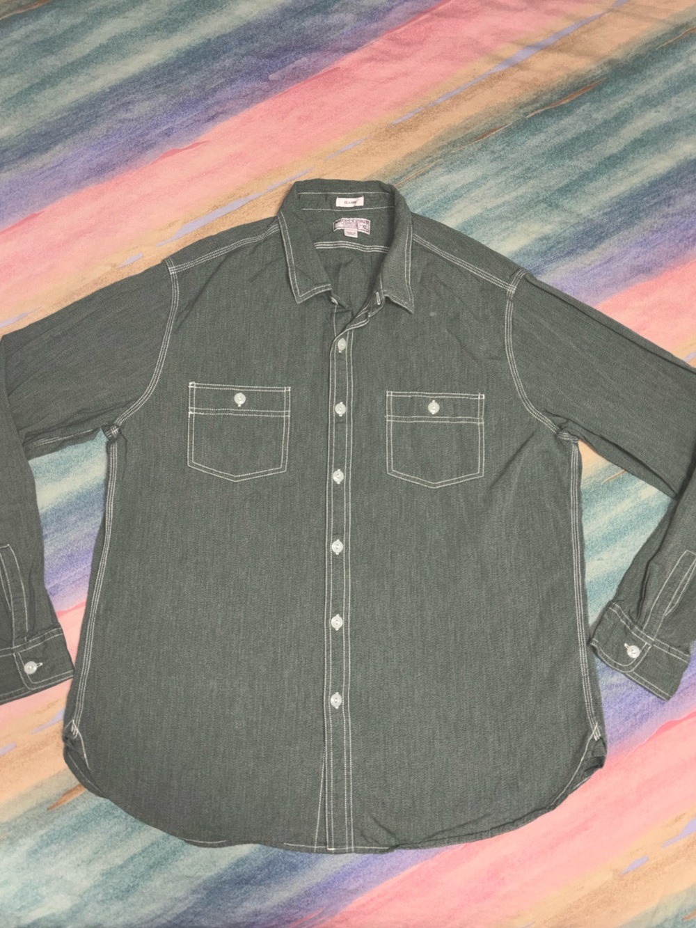 Wallace & Barnes Shirt Mens XL Green Classic Twin Stitch Long Sleeve Button Up